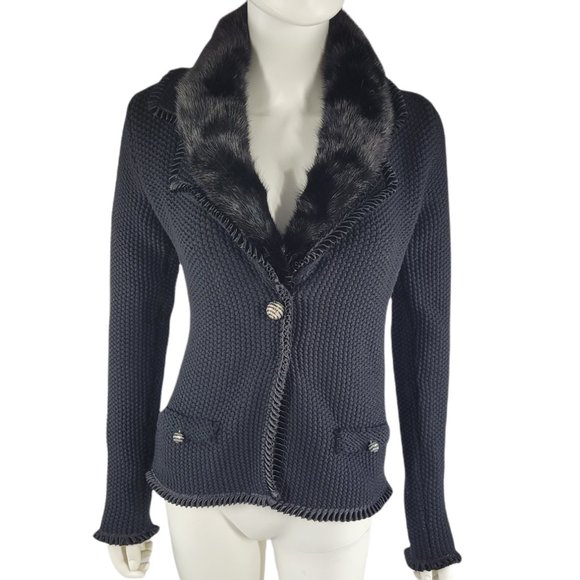 Blumarine Sweaters - Blumarine Knitted Faux Fur Collar Cardigan